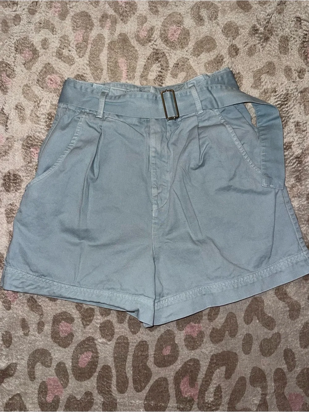 Zara Light Blue High-Waist Belted Pleated Shorts